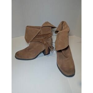 New Sbicca Cairenn Khaki Brown Suede Boots Boho Western Heeled Fringe 7.5
